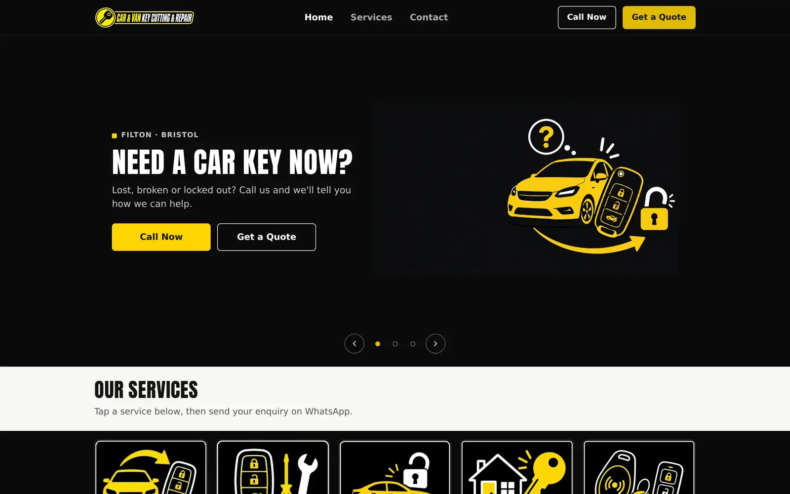 Filton Key Cutting homepage on a laptop: Need a car key now? with Call Now and Get a Quote buttons.