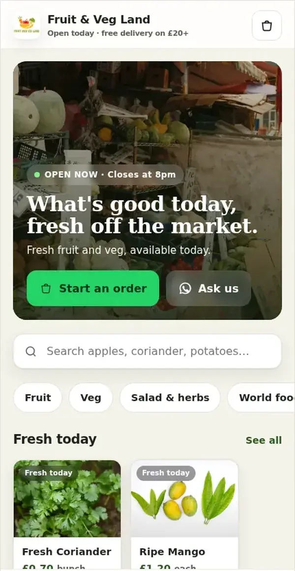 Customer view of the Fruit Shop Order demo: open now banner, Start an order and Ask us buttons, fresh produce list.