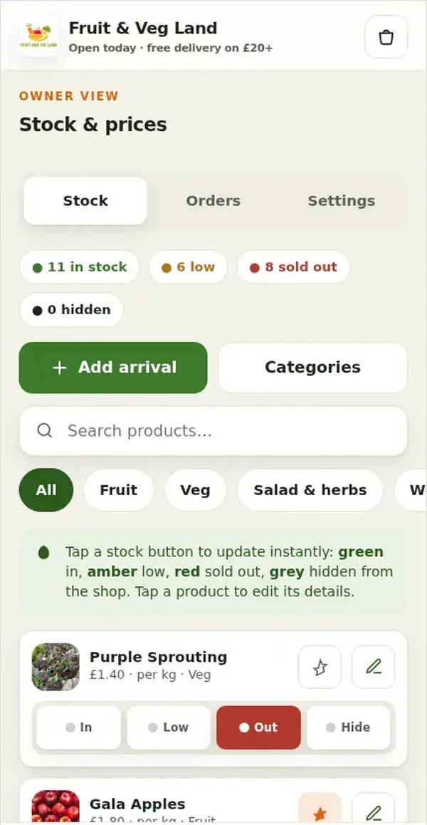 Owner view of the same demo: stock and prices with In, Low, Out and Hide buttons per product.
