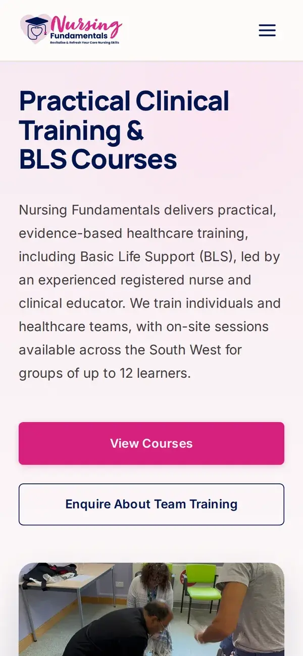 Nursing Fundamentals homepage on a phone with View Courses and enquiry buttons.