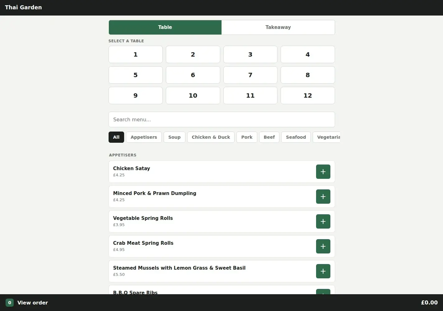 Order Terminal on a tablet: table selection, menu search, categories and a list of dishes with add buttons.