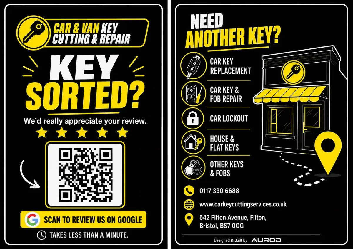 Filton Key Cutting Google review card, both sides: Key sorted? with a QR code, and Need another key? with the five services.