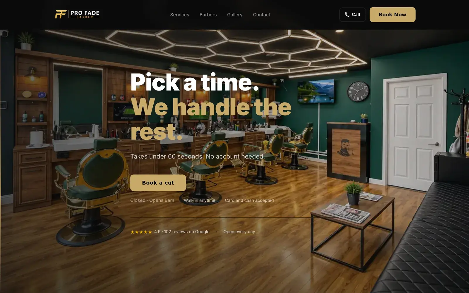 Pro Fade Barber homepage on a laptop: the shop interior behind the headline Pick a time, we handle the rest, with a Book a cut button.