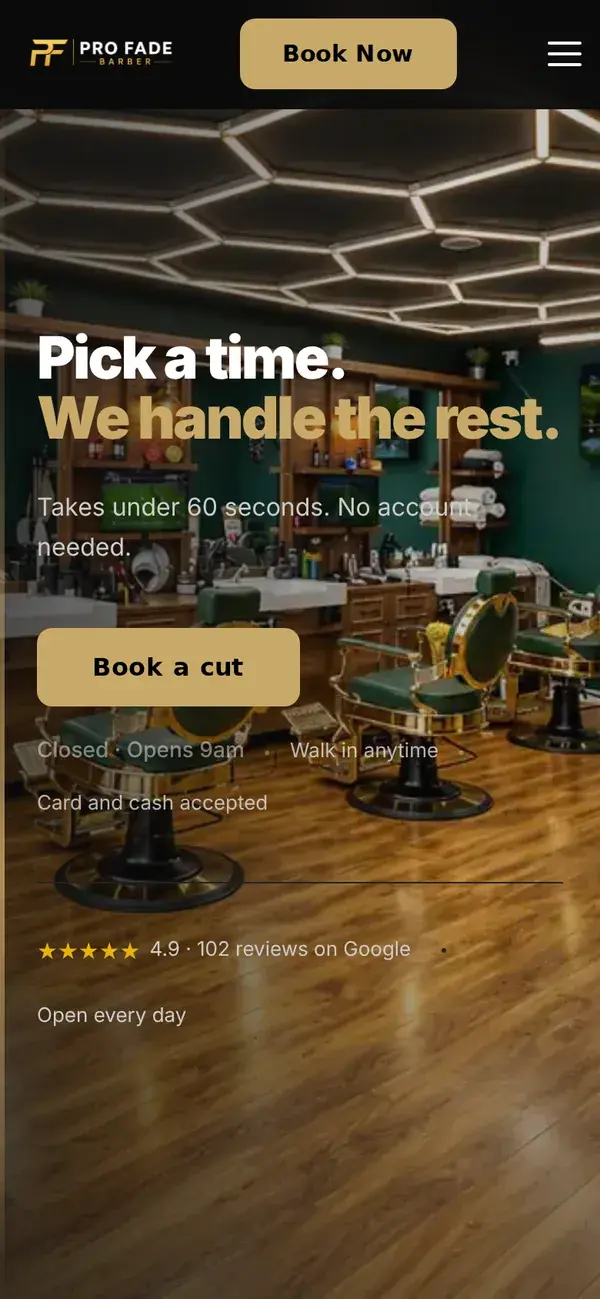 Pro Fade Barber homepage on a phone with the Book Now button in the header.